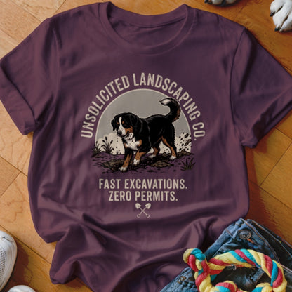 T-shirt graphic with a dog and text "Unsolicited Landscaping Co." and "Fast Excavations. Zero Permits."