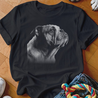 Black t-shirt with a black and white portrait of a bulldog's head.