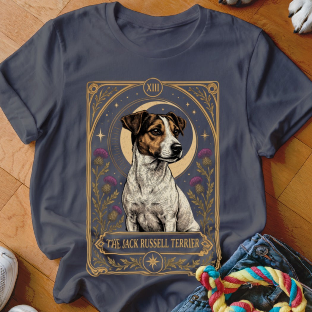 Dark gray t-shirt featuring a tarot-style graphic of a Jack Russell Terrier with purple thistles and a crescent moon.