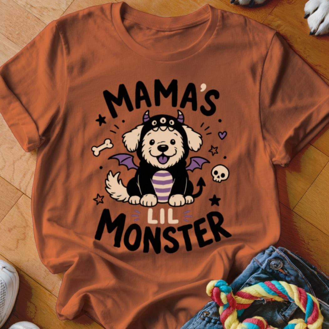 Orange t-shirt with "Mama's Lil Monster" text and a dog in a Halloween costume.