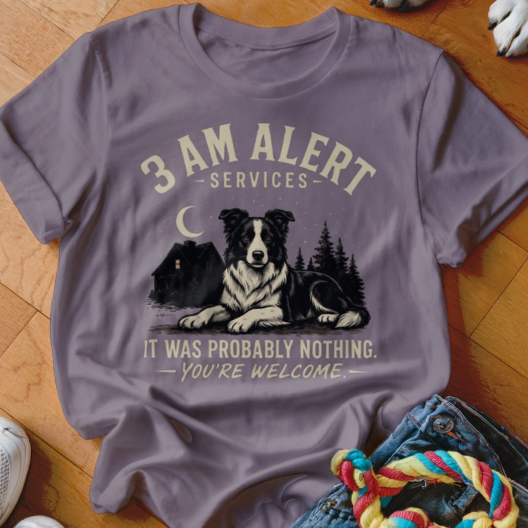 T-shirt with a Border Collie dog graphic and text "3 AM Alert Services".