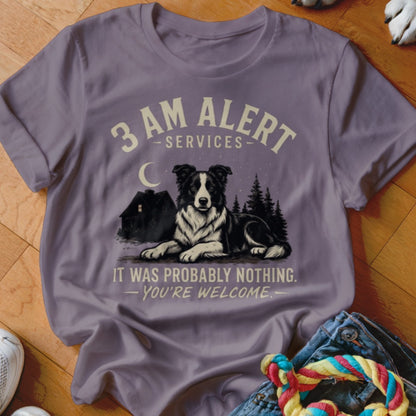 T-shirt with a Border Collie dog graphic and text "3 AM Alert Services".