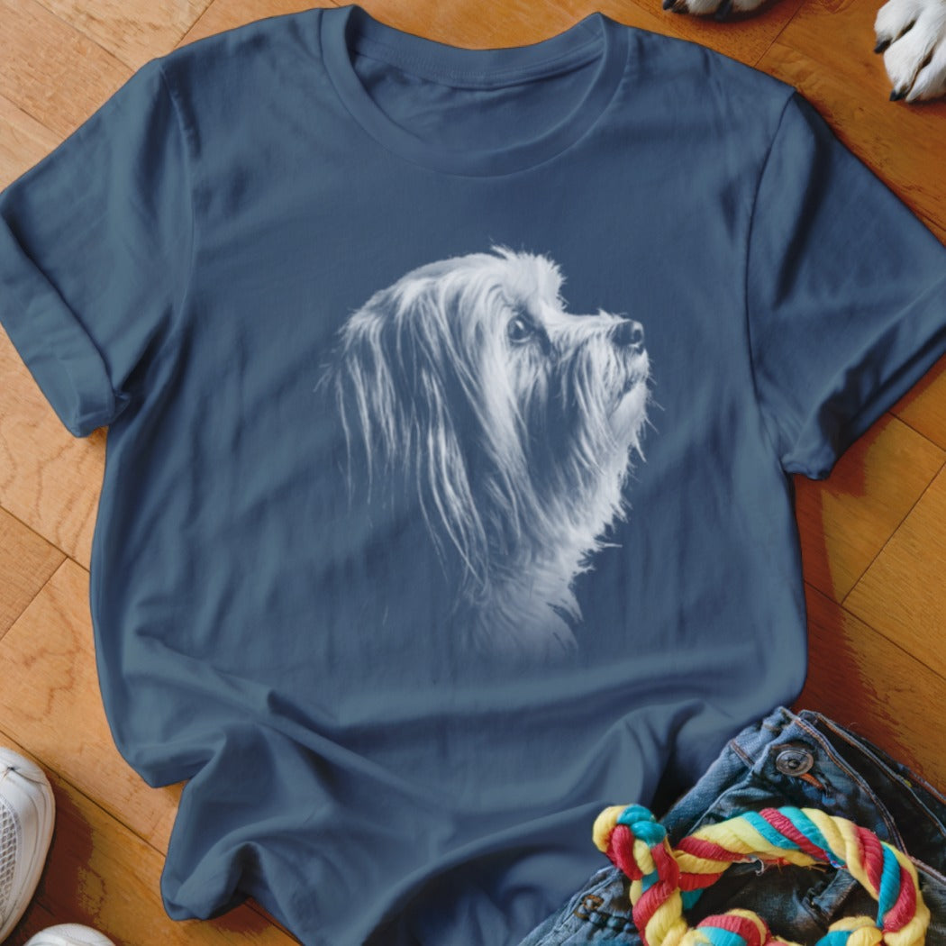 Dark blue t-shirt with a detailed illustration of a white shaggy dog's head.