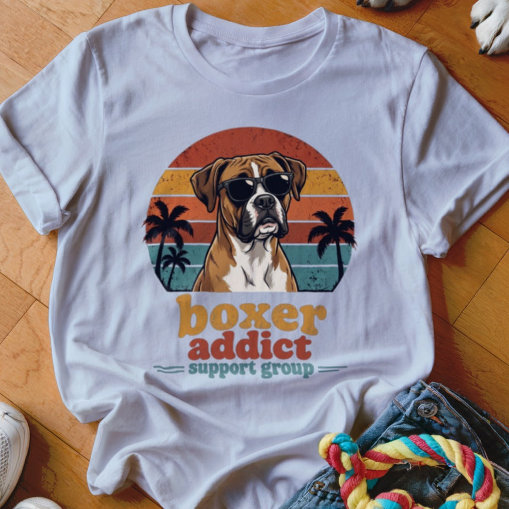 White t-shirt with a graphic of a boxer dog in sunglasses, palm trees, and text reading boxer addict support group.