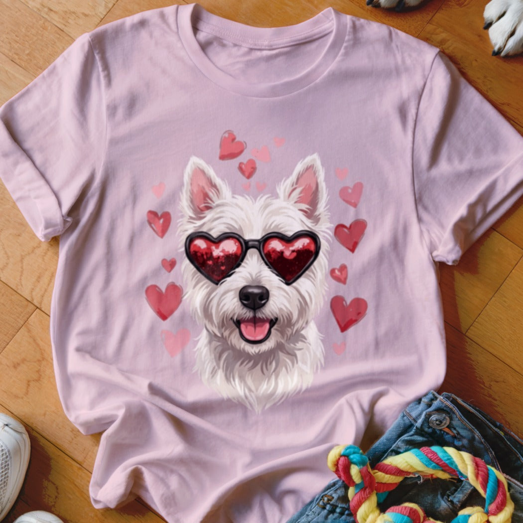 Light pink t-shirt featuring a West Highland White Terrier wearing heart-shaped sunglasses surrounded by pink hearts.