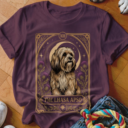 Maroon t-shirt featuring a tarot-style graphic of a Lhasa Apso dog with flowers, a moon, and the text The Lhasa Apso.