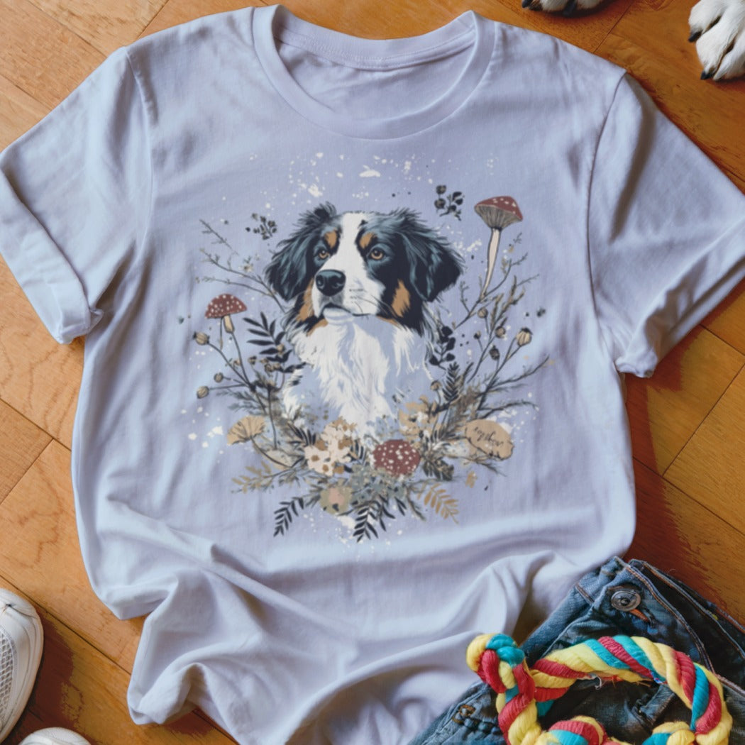 T-shirt with a tri-colored dog portrait amidst a woodland mushroom and floral arrangement.