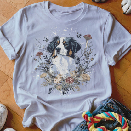 T-shirt with a tri-colored dog portrait amidst a woodland mushroom and floral arrangement.