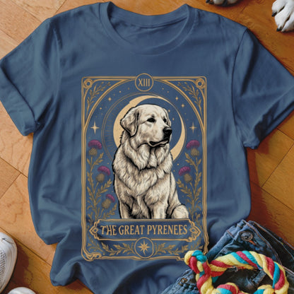 Blue t-shirt featuring a tarot card graphic of a Great Pyrenees dog with flowers and the moon.