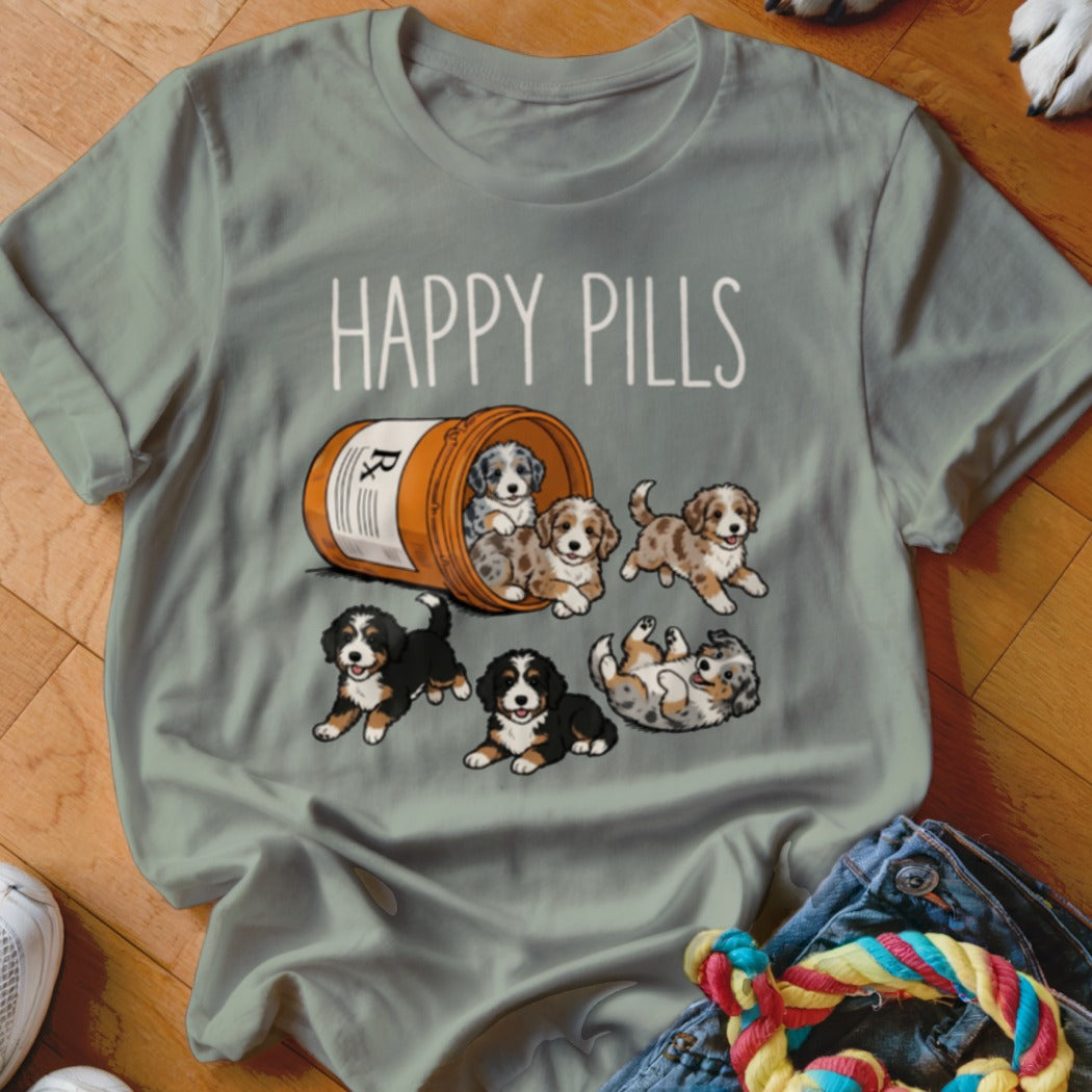 Six puppies spill from an orange pill bottle with "HAPPY PILLS" text above.