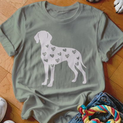 Gray t-shirt with white silhouette of a dog filled with small hearts.