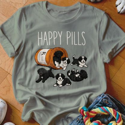 Gray t-shirt with "Happy Pills" text and puppies spilling from a pill bottle.