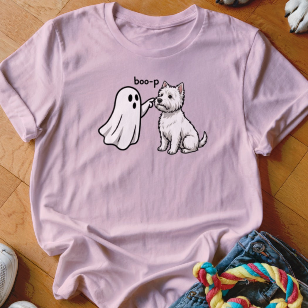 Pink t-shirt with cartoon ghost booping a white Westie dog, text "boo-p".
