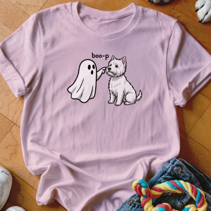 Pink t-shirt with cartoon ghost booping a white Westie dog, text "boo-p".