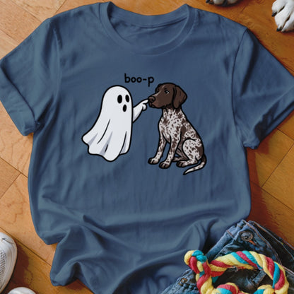 Ghost boops a German Shorthaired Pointer with the text "boo-p".