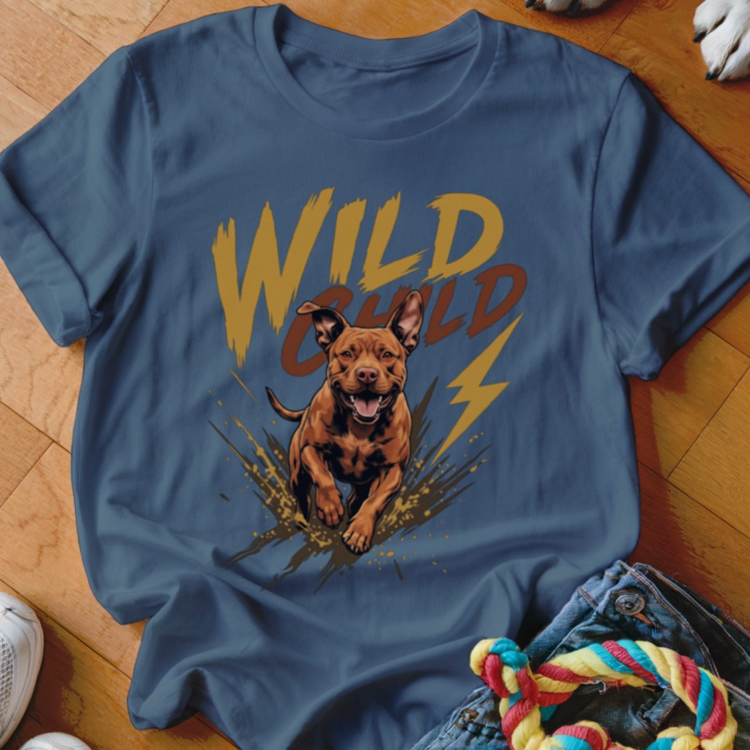 A blue crewneck t-shirt featuring a graphic of a running brown dog and the text WILD CHILD.