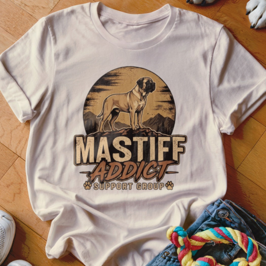A light-colored t-shirt with a vintage graphic of a mastiff on a rocky mountain, reading Mastiff Addict Support Group.