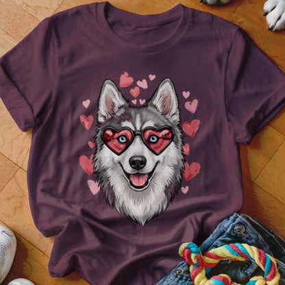 Maroon t-shirt featuring an illustrated husky wearing heart-shaped sunglasses, surrounded by pink hearts.