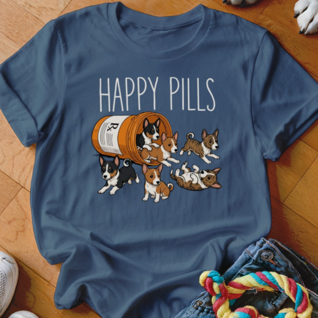 T-shirt with "HAPPY PILLS" text and cartoon puppies spilling from a medicine bottle.