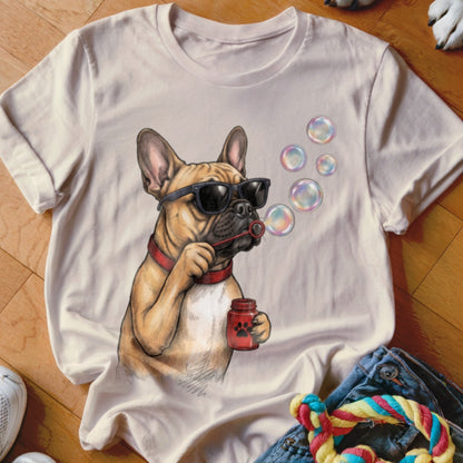 Light beige t-shirt featuring a graphic of a French Bulldog wearing sunglasses and blowing bubbles.