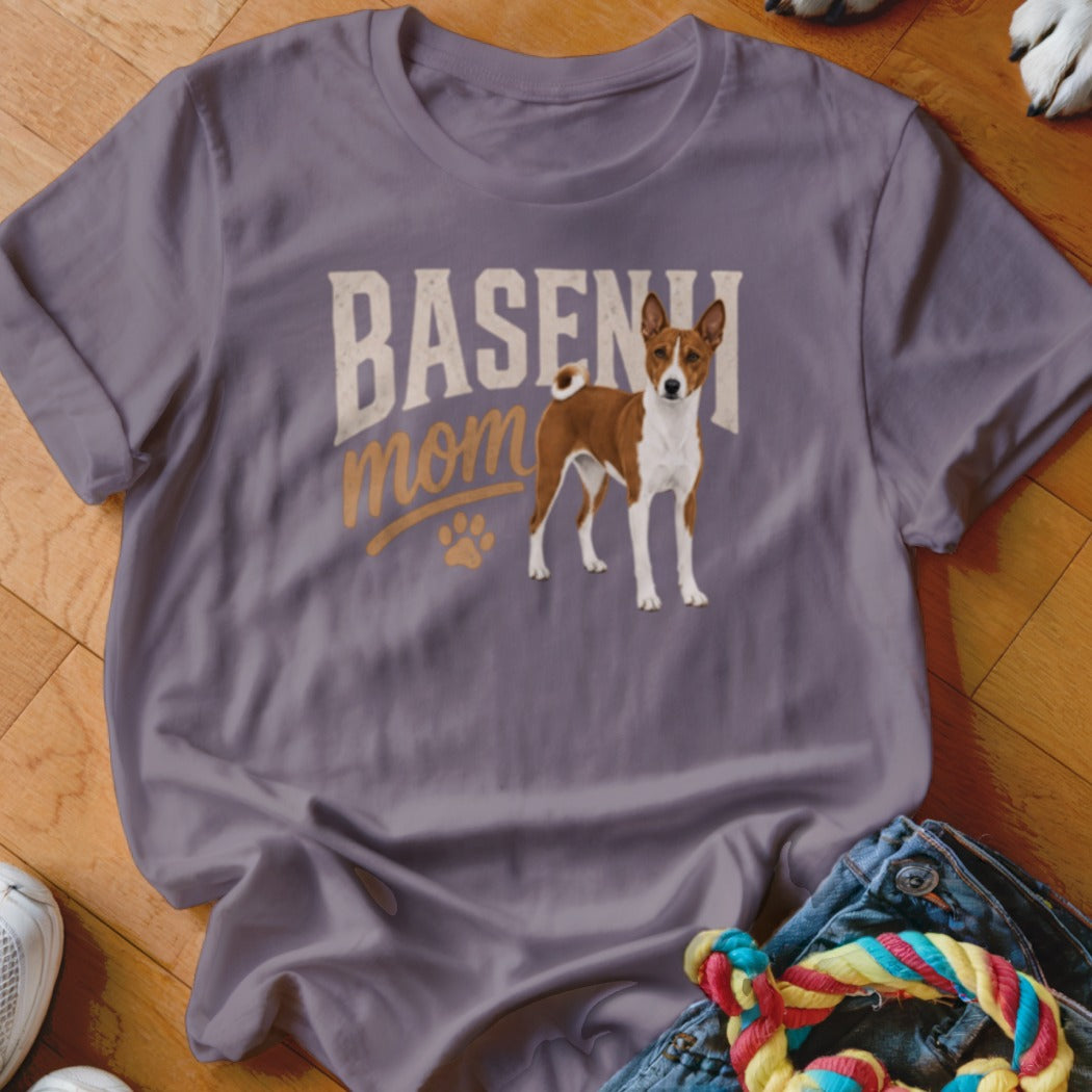 Basenji mom graphic on a grey t-shirt with a Basenji dog illustration.