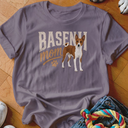 Basenji mom graphic on a grey t-shirt with a Basenji dog illustration.