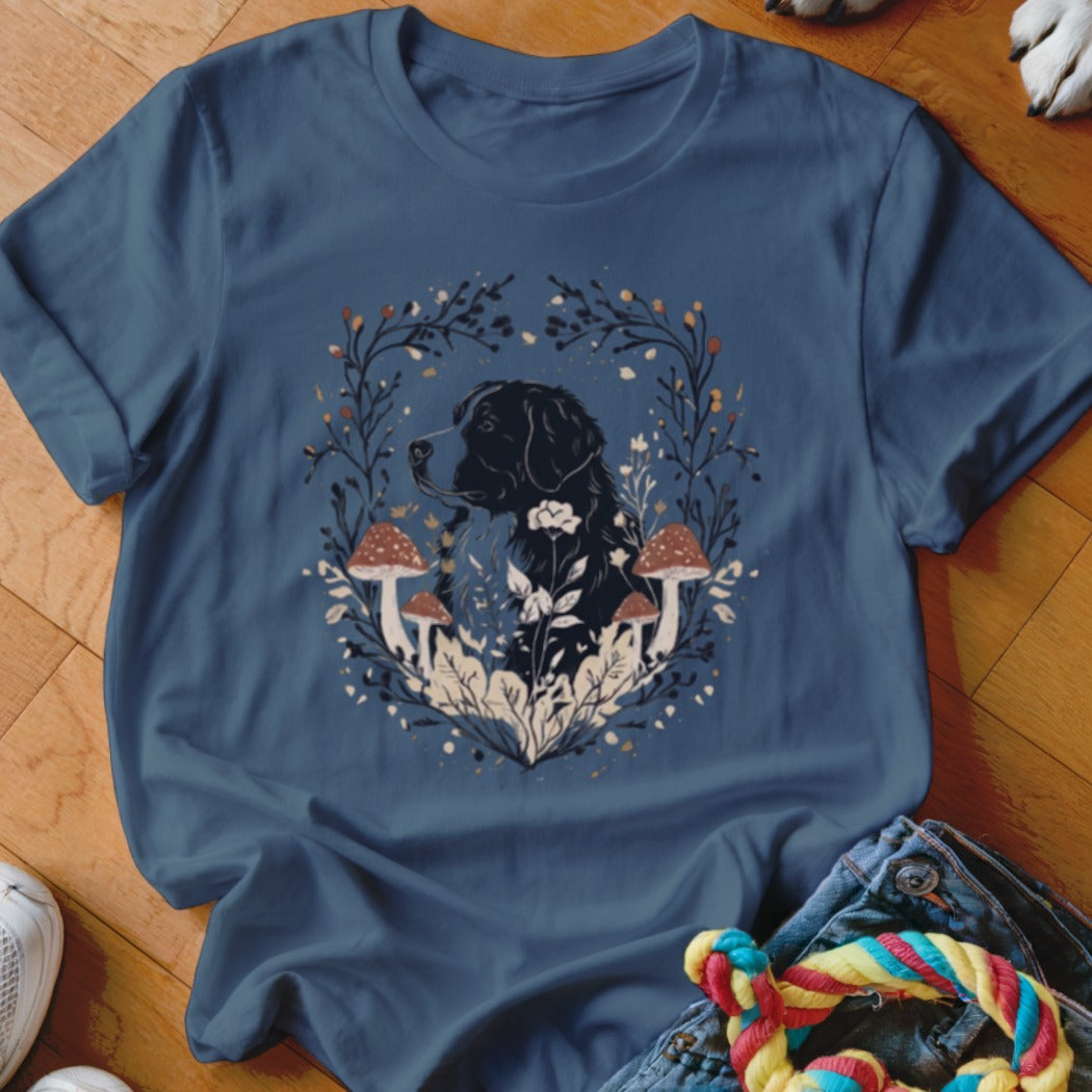 Slate blue short-sleeve t-shirt featuring a black dog graphic surrounded by a botanical mushroom wreath.