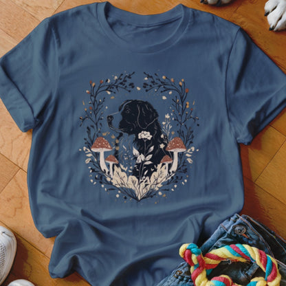 Slate blue short-sleeve t-shirt featuring a black dog graphic surrounded by a botanical mushroom wreath.