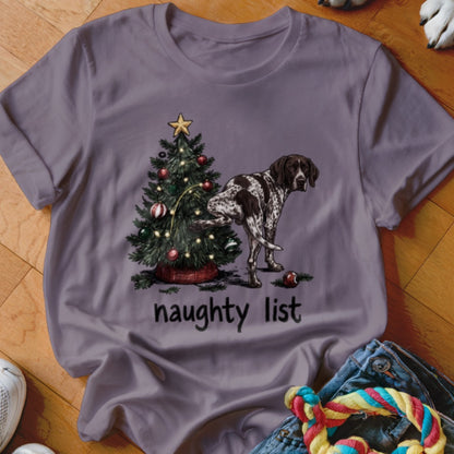 T-shirt with a German Shorthaired Pointer next to a Christmas tree, reading "naughty list".
