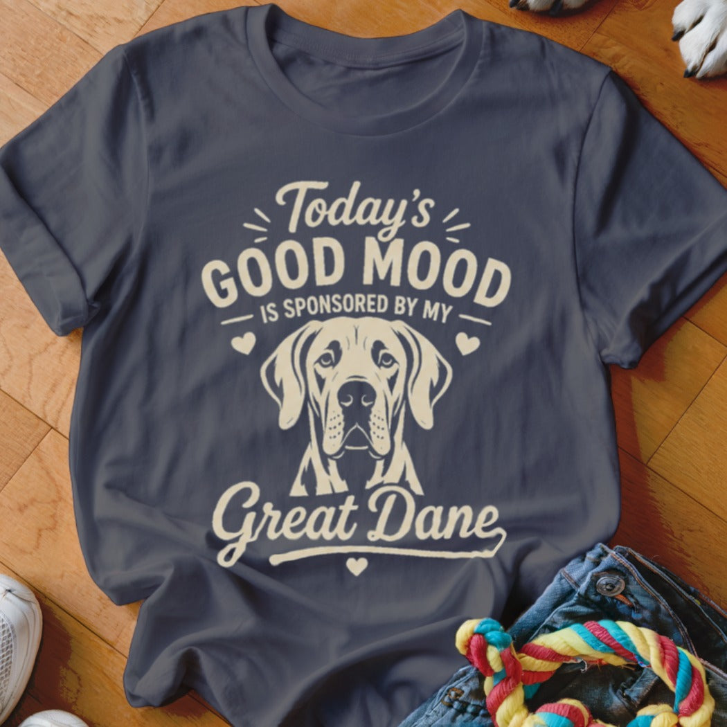 Dark blue t-shirt with a graphic of a Great Dane and text: "Today's GOOD MOOD IS SPONSORED BY MY Great Dane".