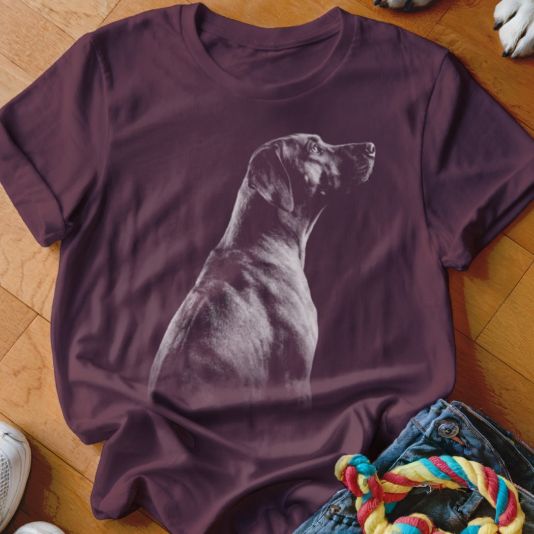 Maroon t-shirt with a white outline graphic of a dog looking to the right.
