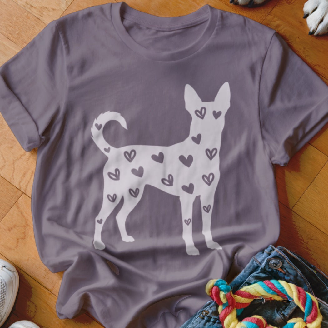 T-shirt with white dog silhouette filled with small dark hearts.
