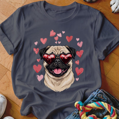 Dark grey t-shirt featuring an illustration of a pug wearing heart-shaped sunglasses surrounded by pink hearts.
