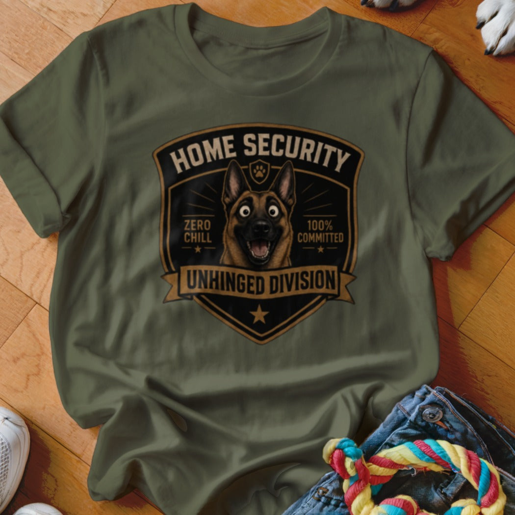 Green t-shirt with a Home Security Unhinged Division patch featuring a dog.