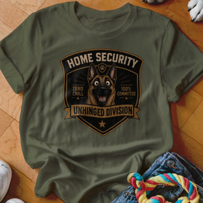 Green t-shirt with a Home Security Unhinged Division patch featuring a dog.
