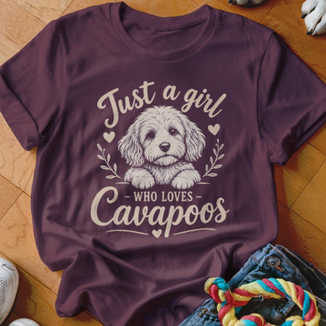 T-shirt with "Just a girl WHO LOVES Cavapoos" and a dog illustration.