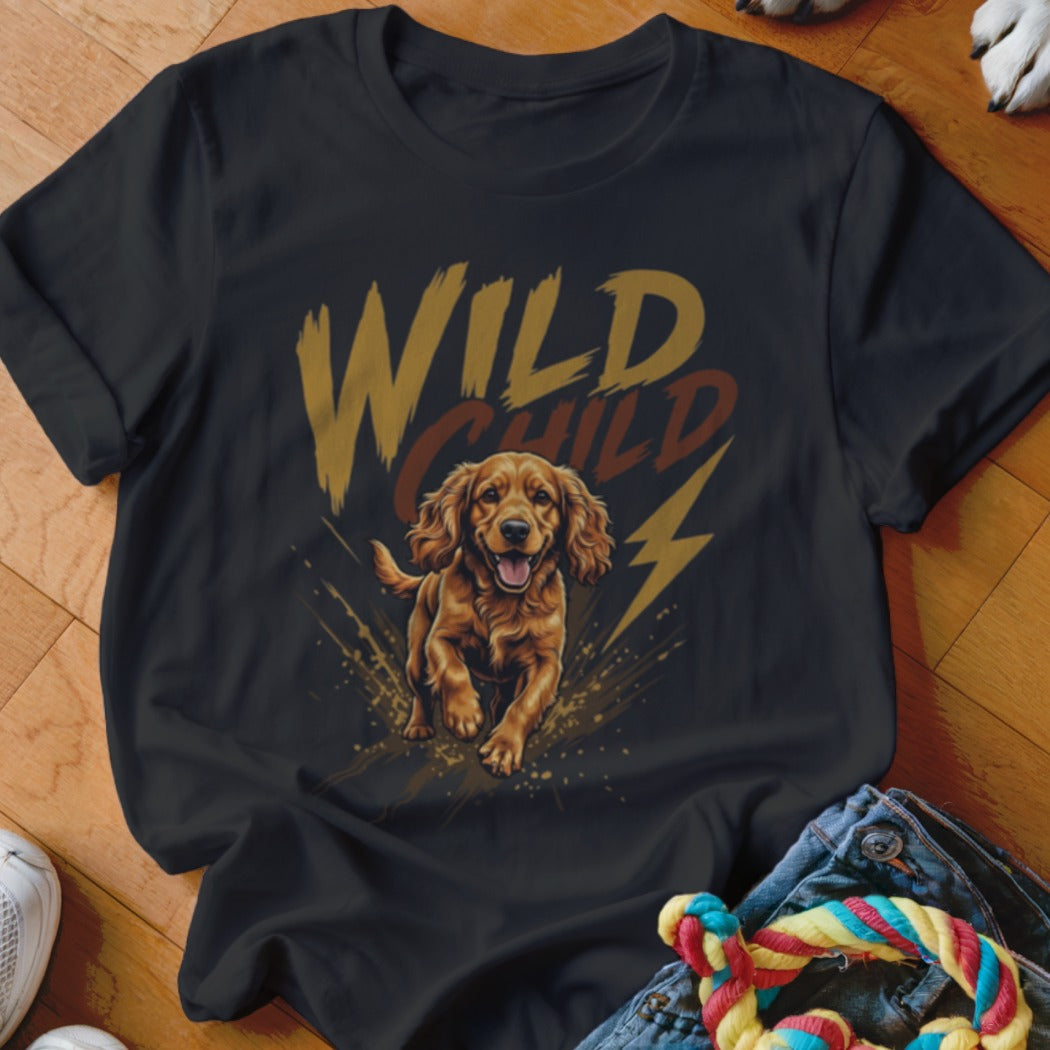 Black t-shirt featuring a graphic of a golden spaniel running beneath the text Wild Child.