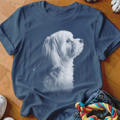 T-shirt with white dog portrait printed on navy blue fabric.
