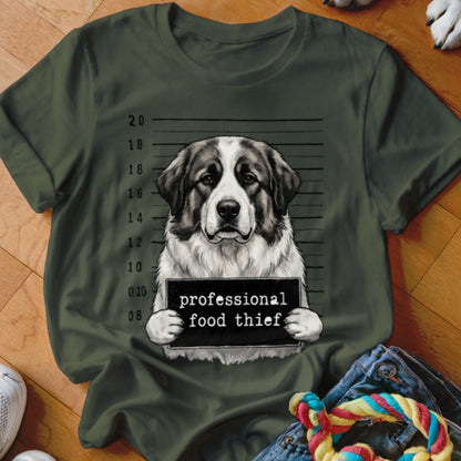 Saint Bernard dog mugshot with "professional food thief" sign.