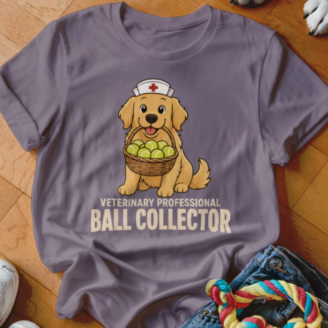 Golden Retriever wearing a nurse's cap holds a basket of tennis balls. Text reads "Veterinary Professional Ball Collector".