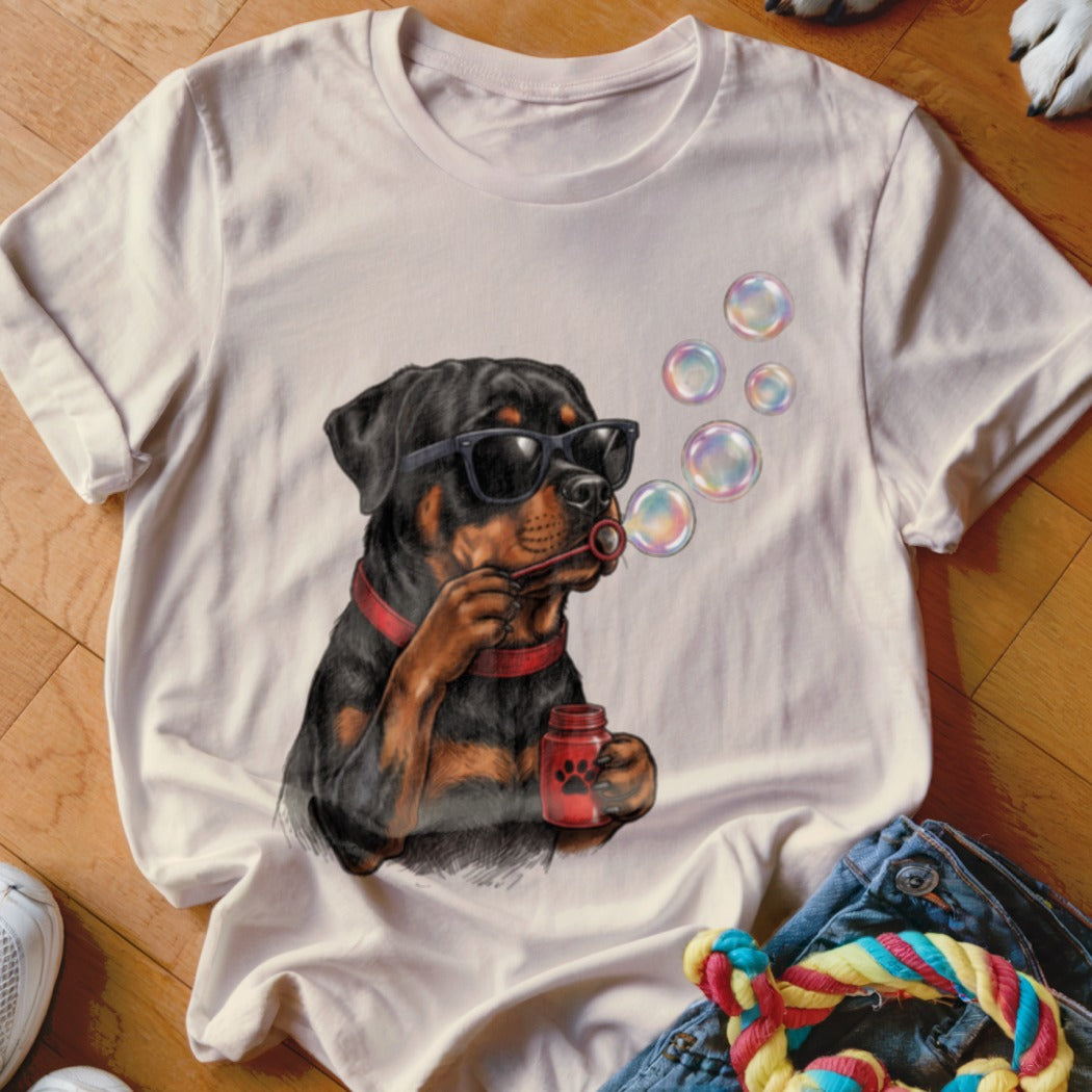 A beige t-shirt with a graphic of a Rottweiler wearing sunglasses and blowing bubbles.
