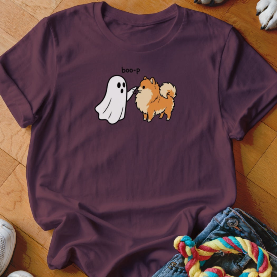 Ghost poking a fluffy dog with "boo-p" text on a maroon t-shirt.