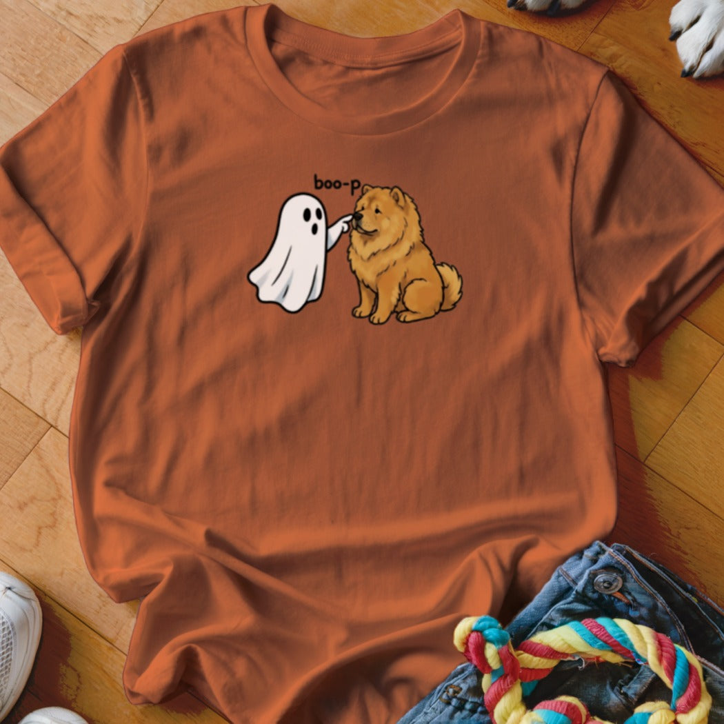 Cute ghost and chow chow dog graphic with "boo-p" text on orange t-shirt.