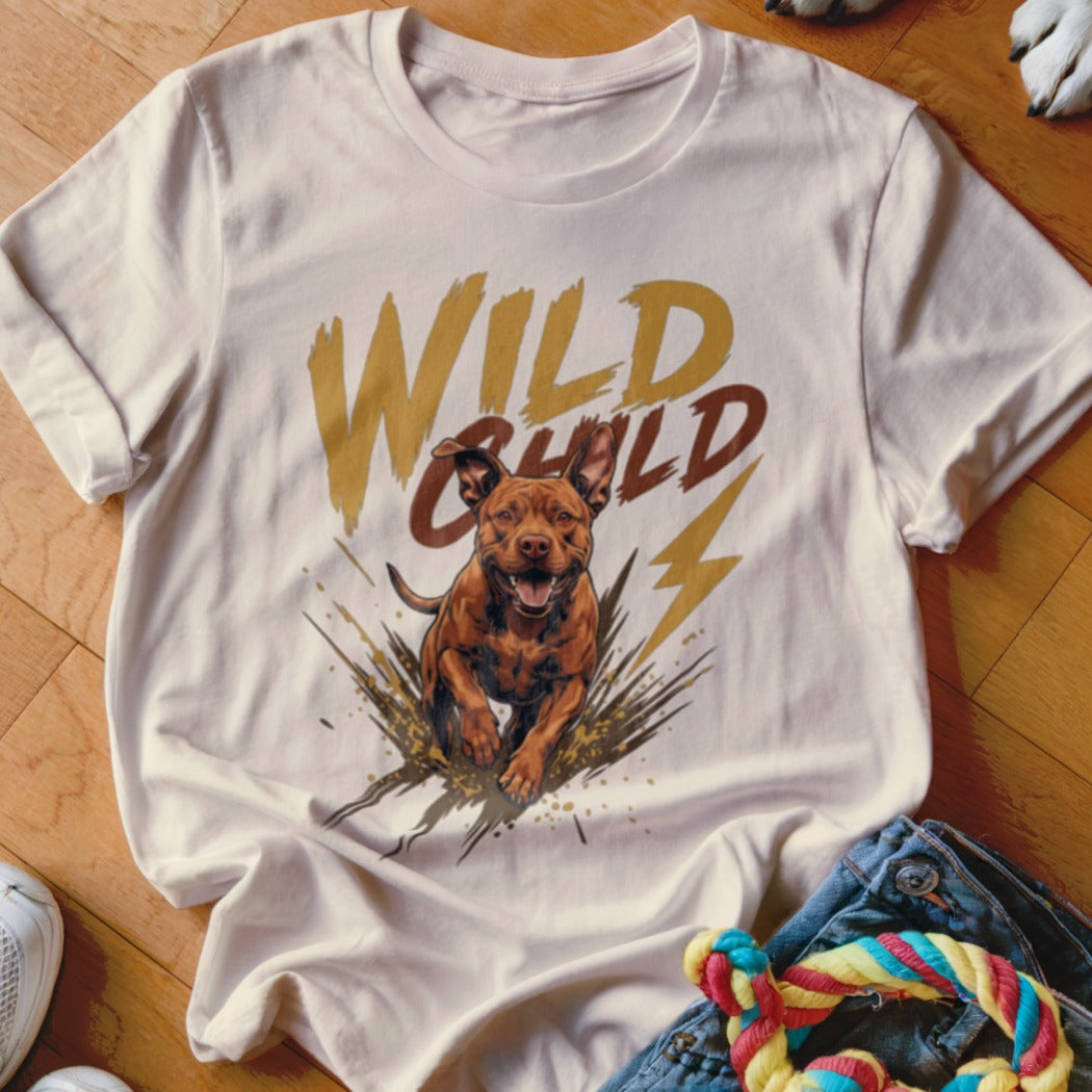 Cream t-shirt featuring a graphic of a brown dog running through mud and the text Wild Child.