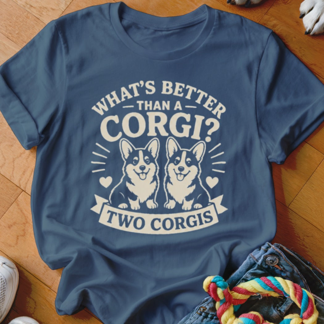 Navy t-shirt with "What's Better Than A CORGI? TWO CORGIS" and two corgi illustrations.