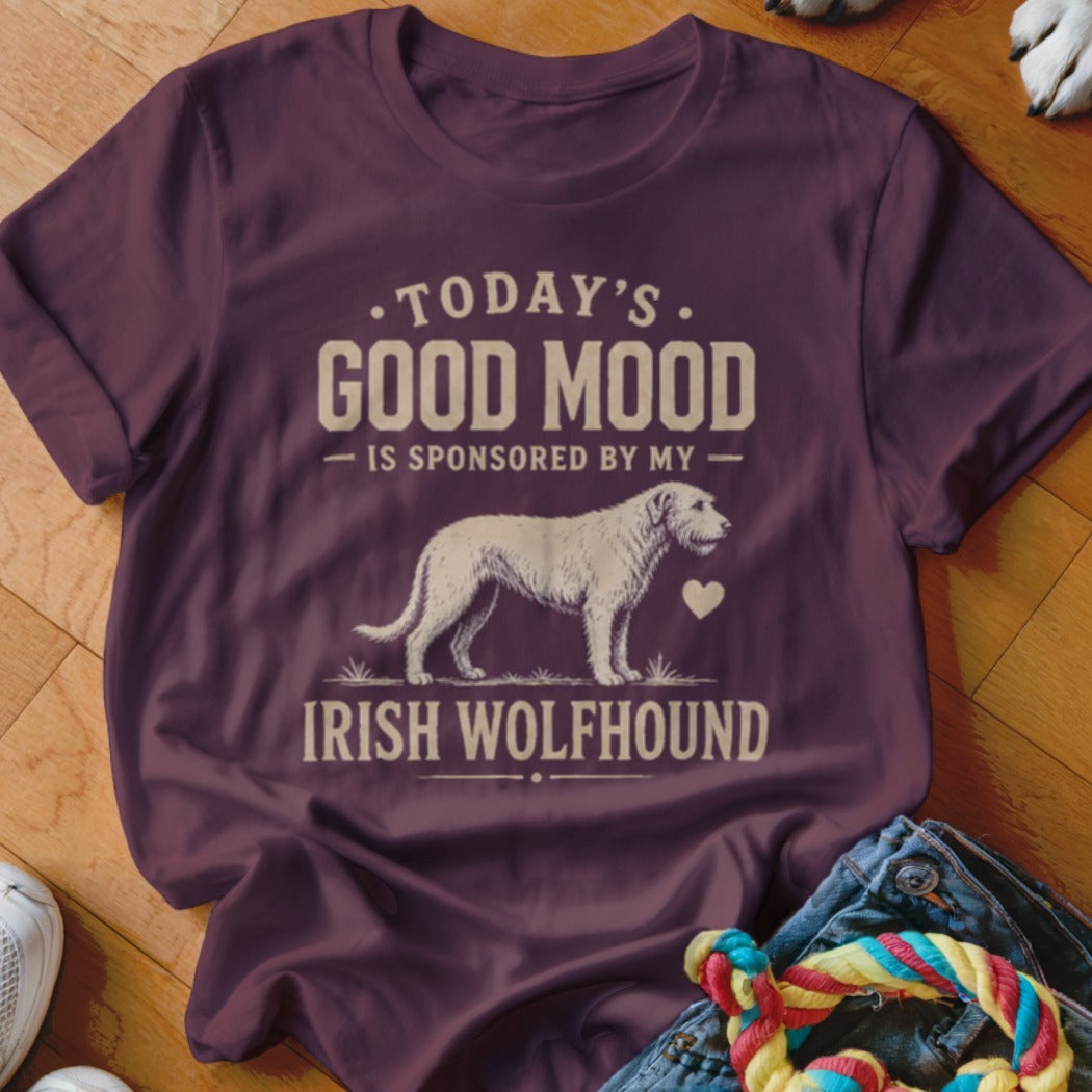 T-shirt with "Today's Good Mood is Sponsored by my Irish Wolfhound" text and illustration.