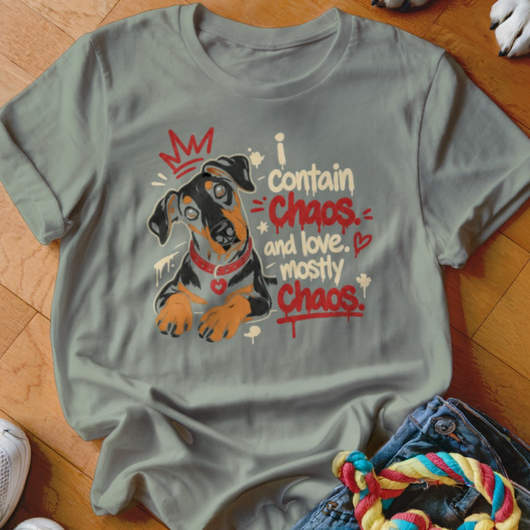 Doberman dog graphic with text "I contain chaos and love. Mostly Chaos."