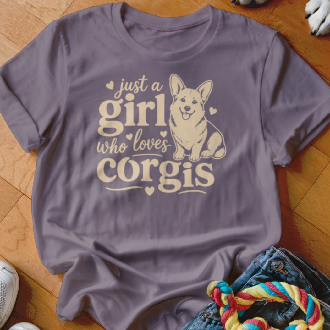 Purple t-shirt with "Just a girl who loves corgis" text and corgi illustration.