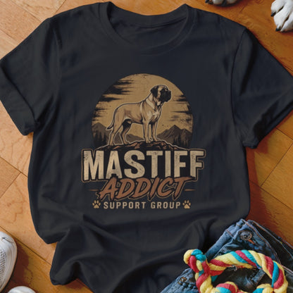 Black t-shirt featuring a graphic of a Mastiff dog standing on a mountain with the text Mastiff Addict Support Group.
