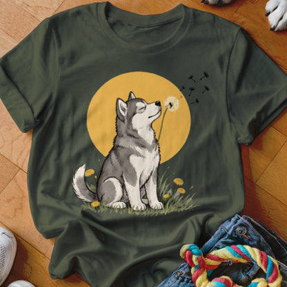 Dark green t-shirt featuring an illustration of a husky blowing dandelion seeds in front of a yellow moon.